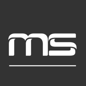 Ecriture du logo simplifié de la marque de châssis de simulation MonSimu de couleur blanche sur fond noir qui permet de donner une identité au site de vente