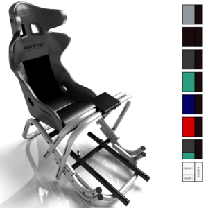 Un cockpit de simulation de course de marque MonSimu modèle R-EVO ultimate en finition brossé avec un siège baquet de marque Sparco en vue avant trois quart, qui sert d'image de produit. Il y a aussi des encarts de couleurs sur la droite pour montrer que le choix de finition est possible.