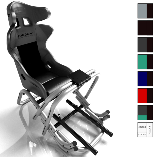 Un cockpit de simulation de course de marque MonSimu modèle R-EVO ultimate en finition brossé avec un siège baquet de marque Sparco en vue avant trois quart, qui sert d'image de produit. Il y a aussi des encarts de couleurs sur la droite pour montrer que le choix de finition est possible.