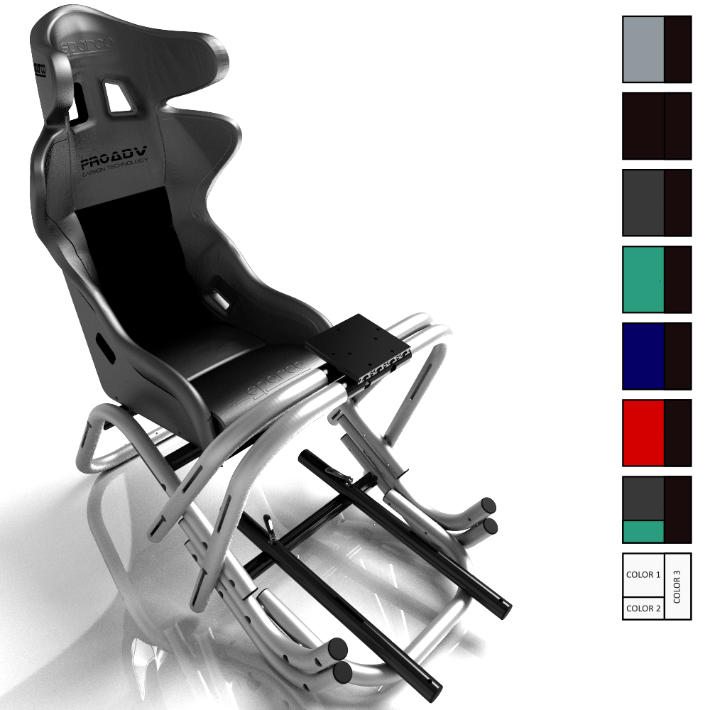 Una cabina de simulación de carreras MonSimu modelo R-EVO ultimate en acabado cepillado con un asiento de cubo Sparco en vista frontal de tres cuartos, que sirve como imagen del producto. También hay inserciones de color a la derecha para mostrar que la elección del acabado es posible.