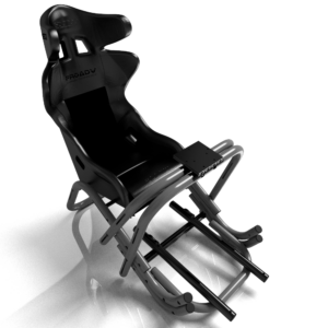 Un cockpit de simulation de course de marque MonSimu modèle R-EVO lite en finition grise et noire avec un siège baquet de marque Sparco en vue avant trois quart, qui sert d'image de variation de produit.