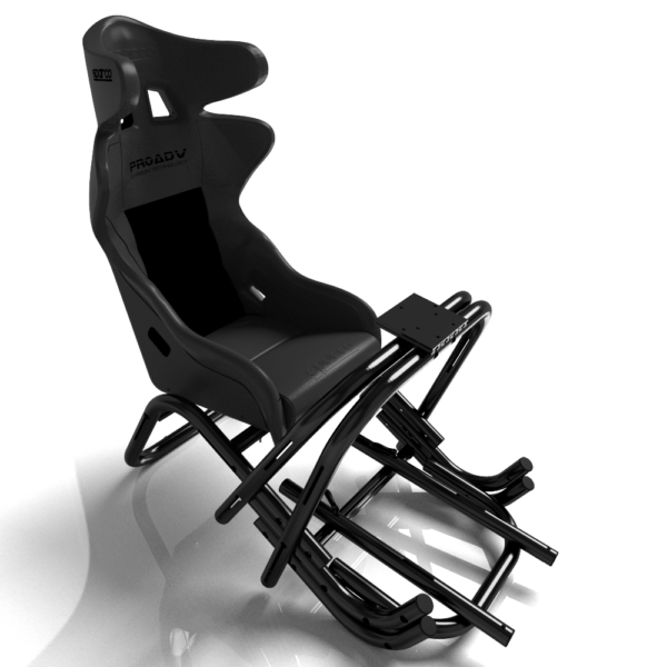 Un cockpit de simulation de course de marque MonSimu modèle R-EVO ultimate en finition noire et noire avec un siège baquet de marque Sparco en vue avant trois quart, qui sert d'image de variation de produit.