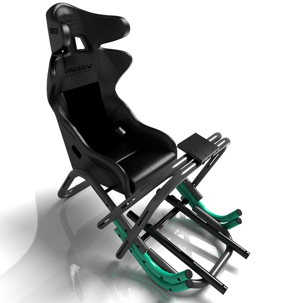 Un cockpit de simulation de course de marque MonSimu modèle R-EVO lite en finition bicolore grise, verte et noire avec un siège baquet de marque Sparco en vue avant trois quart, qui sert d'image de variation de produit.