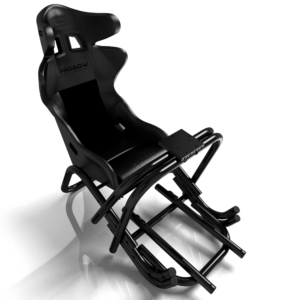 Un cockpit de simulation de course de marque MonSimu modèle R-EVO lite en finition noire et noire avec un siège baquet de marque Sparco en vue avant trois quart, qui sert d'image de variation de produit.