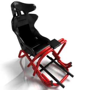 Un cockpit de simulation de course de marque MonSimu modèle R-EVO lite en finition rouge et noire avec un siège baquet de marque Sparco en vue avant trois quart, qui sert d'image de variation de produit.