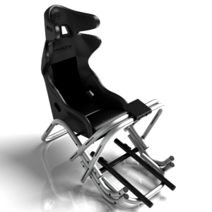 Un cockpit de simulation de course de marque MonSimu modèle R-EVO lite en finition brossée et noire avec un siège baquet de marque Sparco en vue avant trois quart, qui sert d'image de variation de produit.