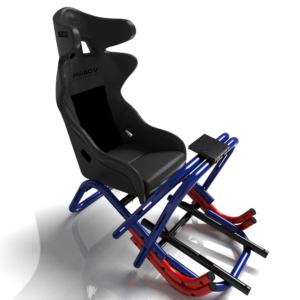 Un cockpit de simulation de course de marque MonSimu modèle R-EVO ultimate en finition custom bleue, rouge et noire avec un siège baquet de marque Sparco en vue avant trois quart, qui sert d'image de variation de produit.